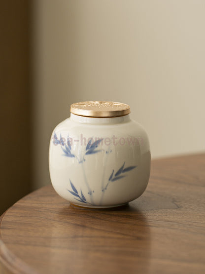 Hand Drawn Bamboo Persimmon Tea Jar Zen Ceramic Sealed Tea Can Storage Tank
