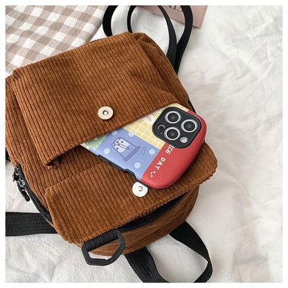 Backpack Solid Color Corduroy Small Backpack Student Bookbag Traveling 23*19*6CM