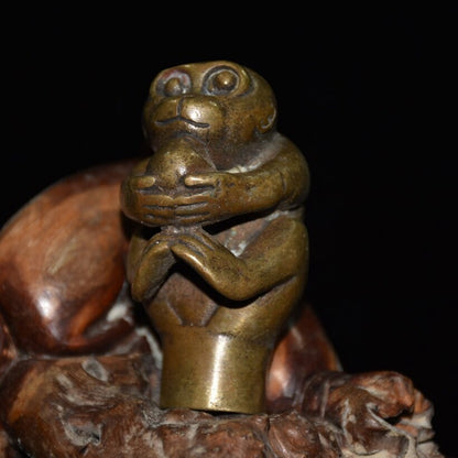 Exquisite Old Chinese copper handmade monkey head crutch head statue