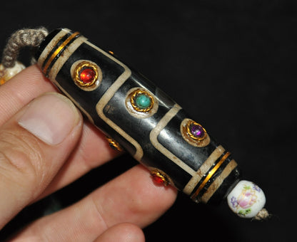 Collect Rare Authentic Old Tibet tibetan agate dzi Inlay gem Pray beads Antiques