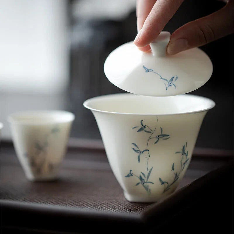 Hand-painted Orchid Gaiwan Cover Bowl Ceramic Tea Making Bowl Chinese Tea Cup
