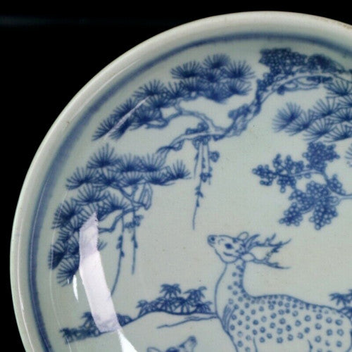 Old Porcelain Blue and White Pine Deer Pattern Plate Porcelai