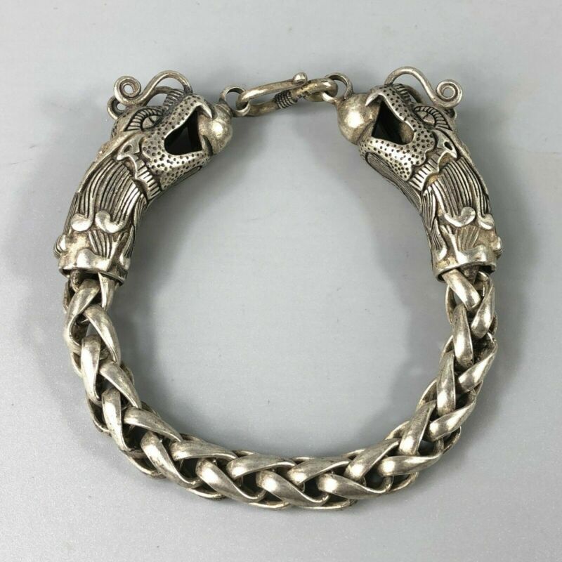 Chinese Rare Collectible Tibet Silver Handwork Dragon Amulet Bracelet Exquisite
