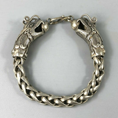 Chinese Rare Collectible Tibet Silver Handwork Dragon Amulet Bracelet Exquisite