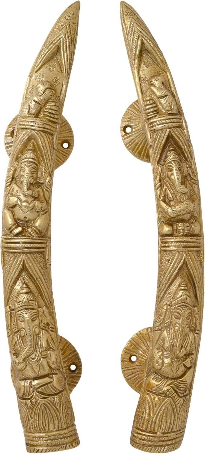 Set of 2 Antique Look Tuskar Style Ganesha Carving Brass Door Handle Pair