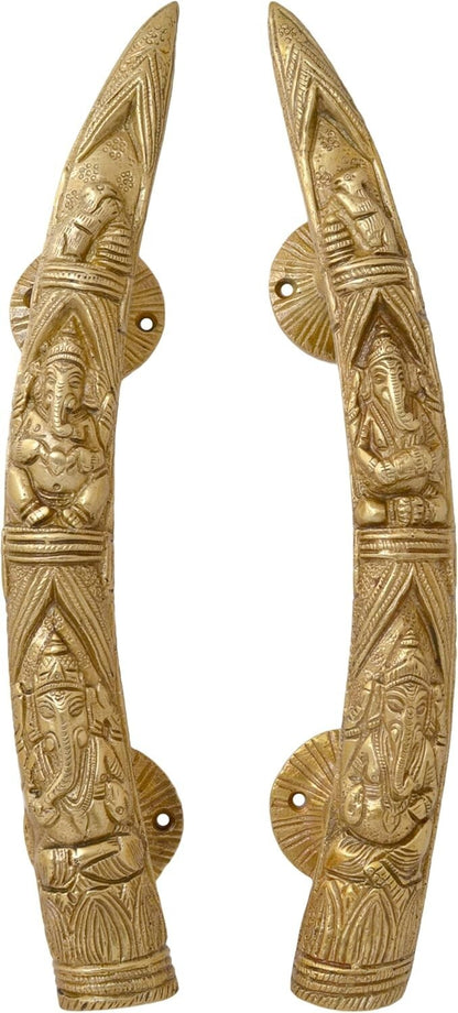 Set of 2 Antique Look Tuskar Style Ganesha Carving Brass Door Handle Pair