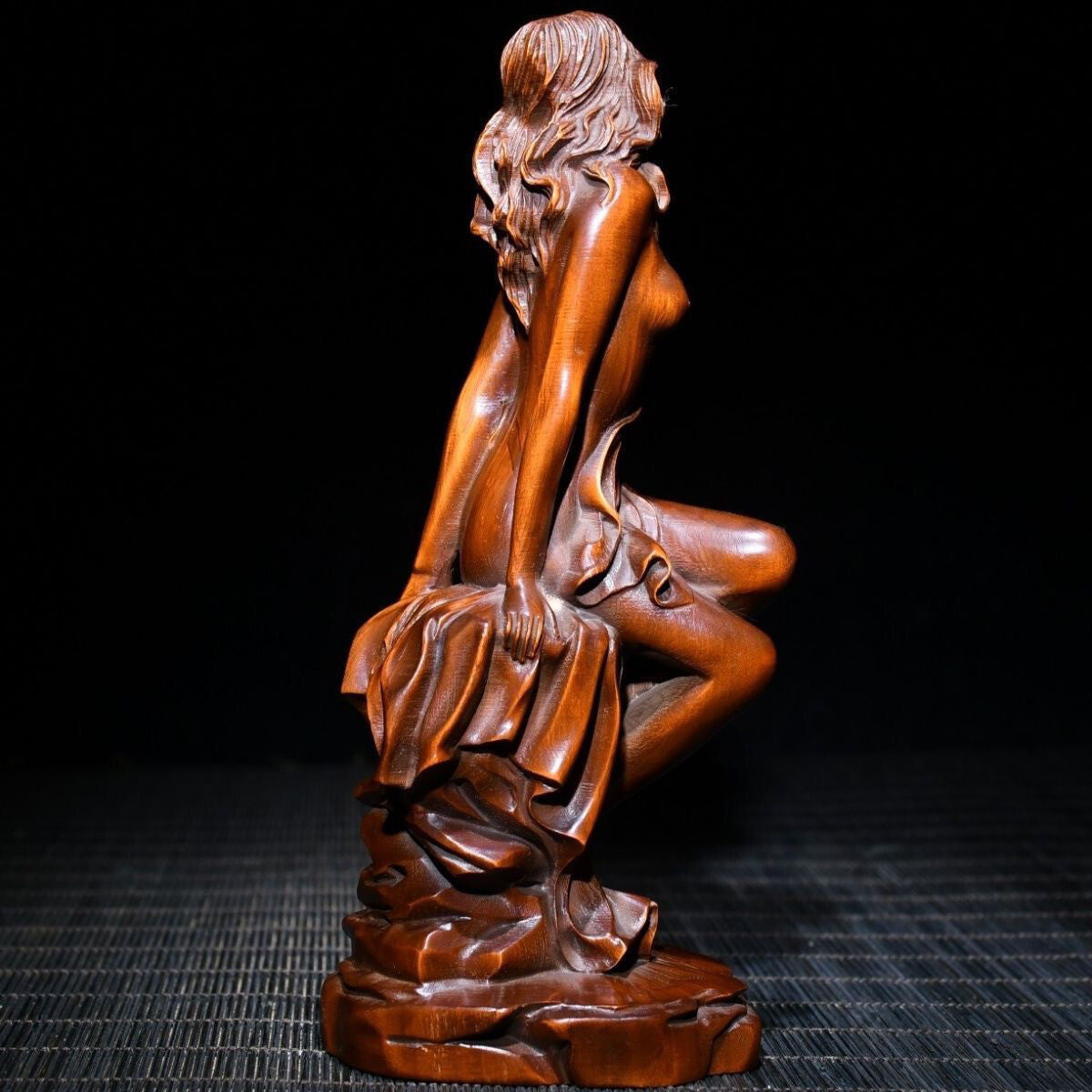 Chinese Boxwood Wood Carving Sexy Beautiful Woman Statue Wooden Sculpture Decor