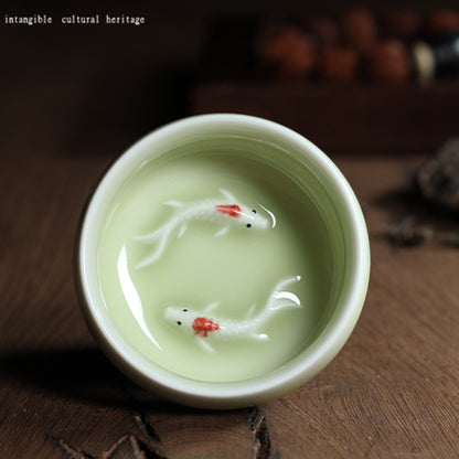 Longquan Porcelain Tea Cup Double Fish Set Marked Cup 55ml Longquan Celadon Cup