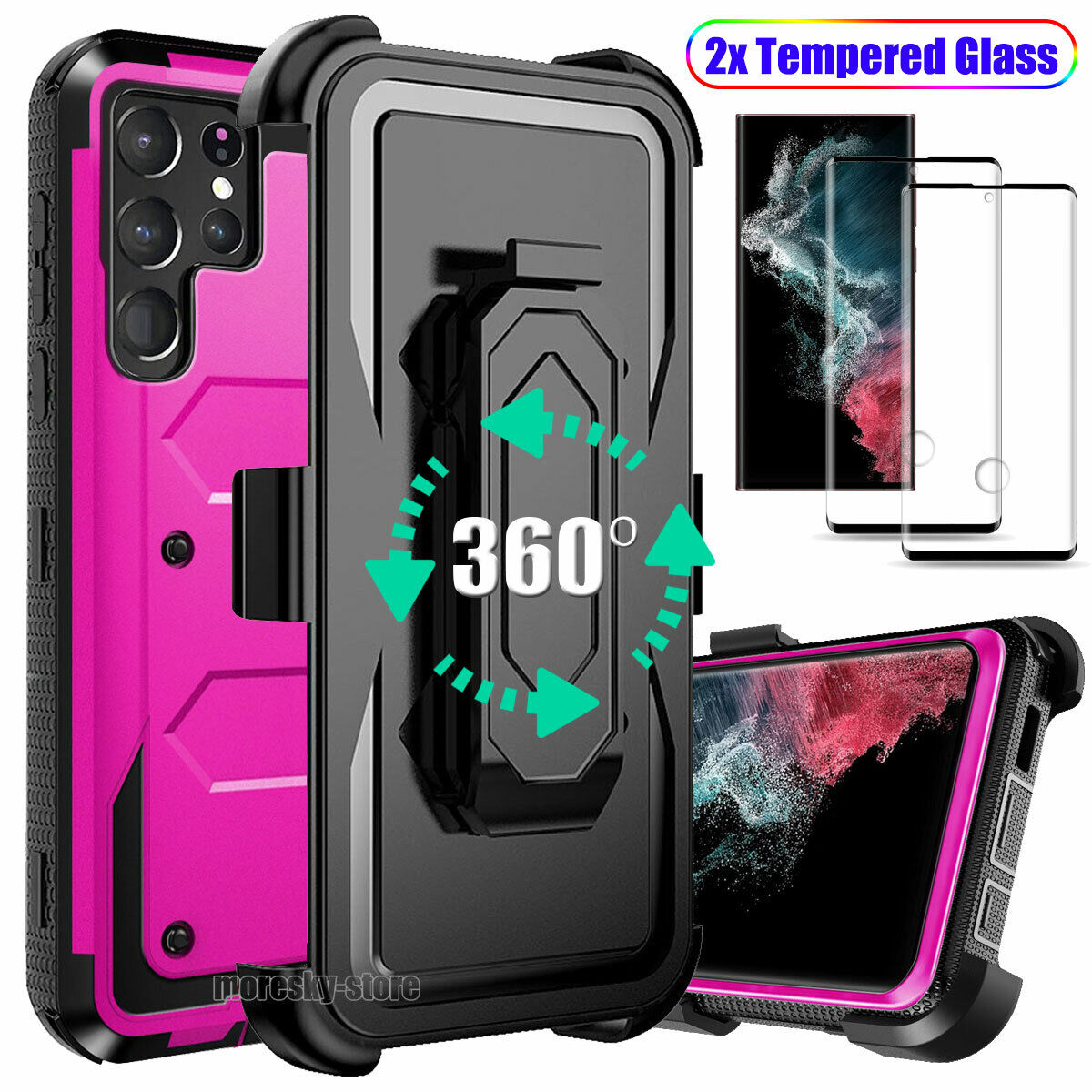 Case For Galaxy S22 5G Ultra + Clip Belt Stand Cover / Tempered Glass Protector