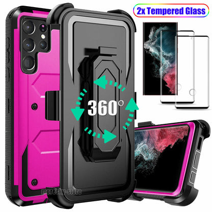 Case For Galaxy S22 5G Ultra + Clip Belt Stand Cover / Tempered Glass Protector