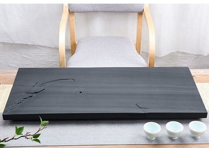 Newly Listed Chinese Black Stone Tea Tray Fishing Design Carved Weighted Tray