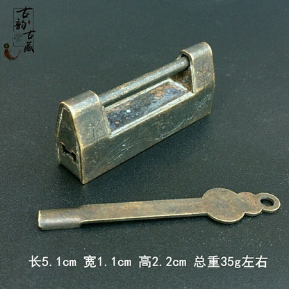 Vintage Chinese Brass Padlock Horizontal Open Lock with Key for Wooden Box