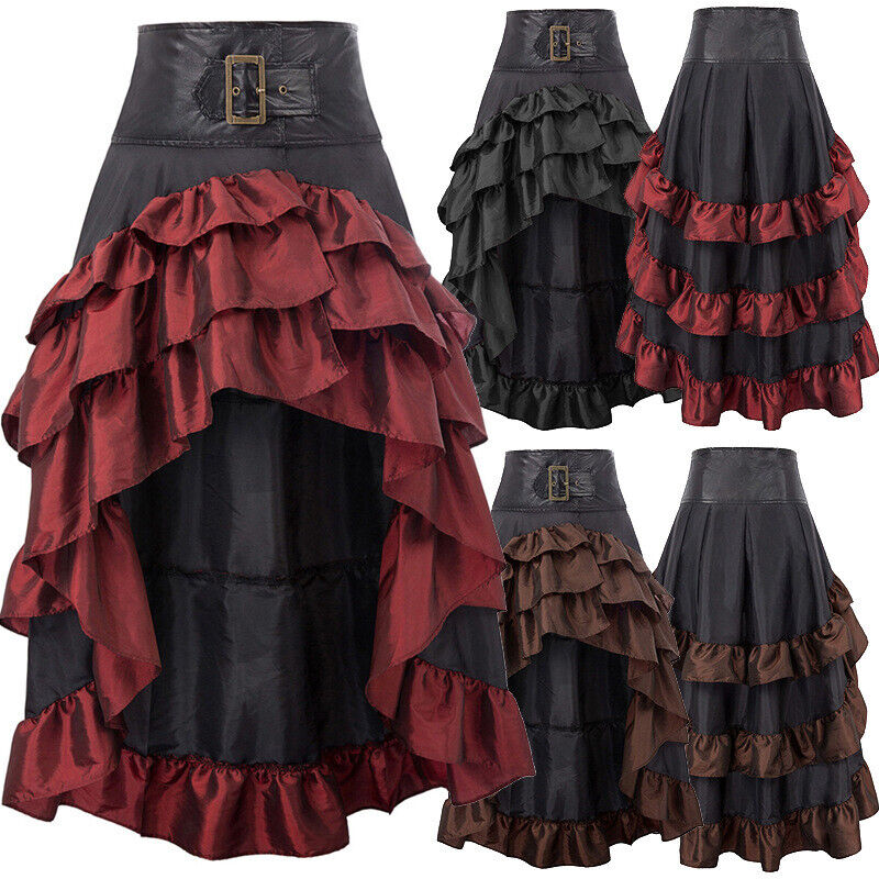 Womens Gothic Victorian Asymmetrical Ruffled Trim Vintage Steampunk Party Skirts