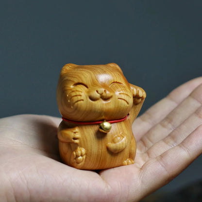 Miniature Wood Carving Lucky Cat Ornaments Office Desk Accessories Decor
