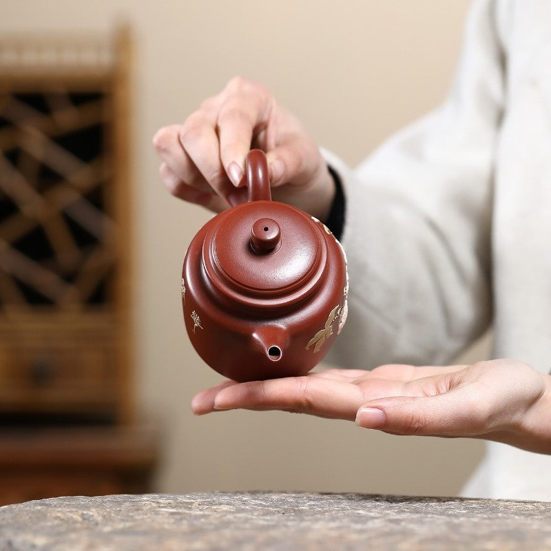 True Yixing Zisha Tea Pot Dahongpao Clay Floral Relief 9 Infuser Hole Marked Pot
