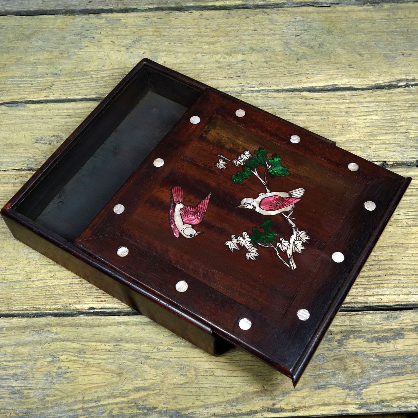 Vintage Rosewood Inlaid Abalone Bird Pair Tea Jewelry Storage Box 22cm