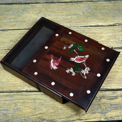 Vintage Rosewood Inlaid Abalone Bird Pair Tea Jewelry Storage Box 22cm