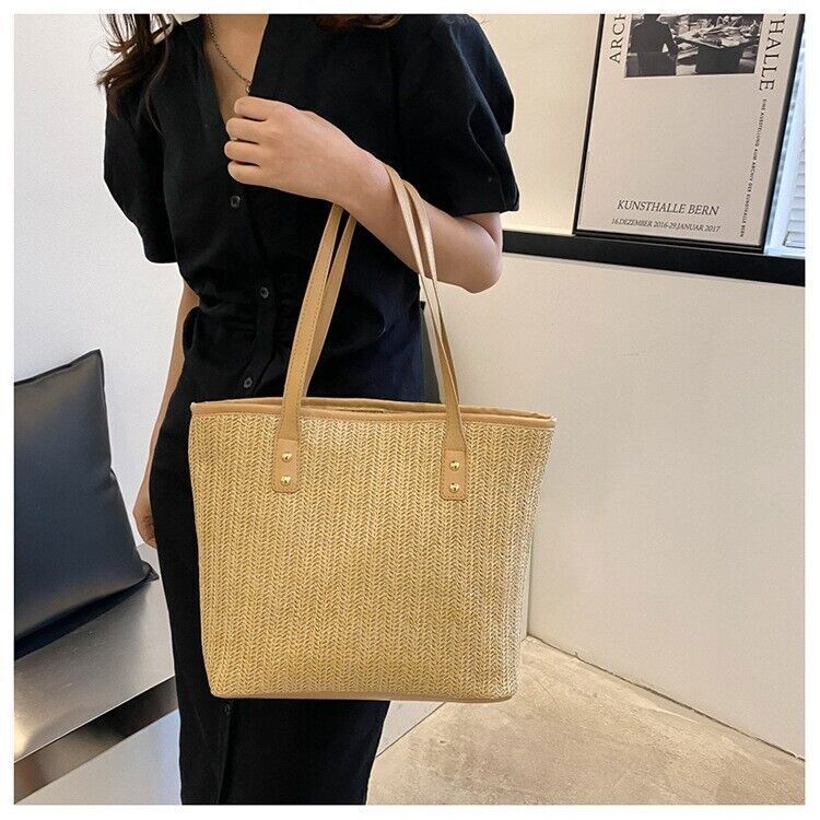 Women Jute Shoulder Handbag Tote Bag for Travel Beach Park Grocery Shopping