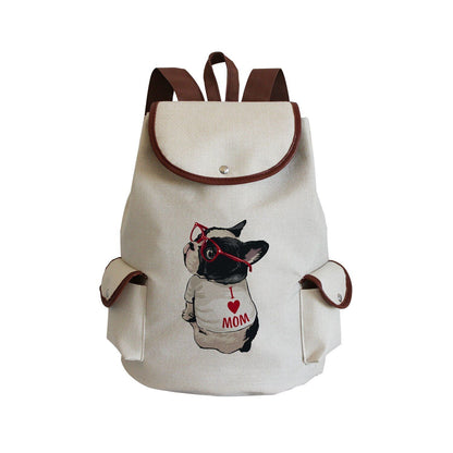 Dog Paw Print Backpack Drawstring Bags Linen Students Portable Cute Pug Printed