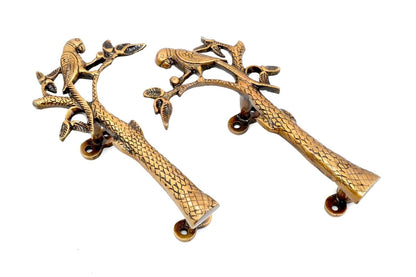 Set of 2 Antique Look Golden Brass Parrot On Tree Door Handle