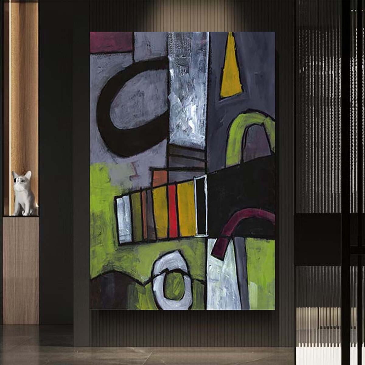 Black White Green Abstract Oil Painting Handmade Canvas Art Mural Modern Home