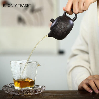 4.53" Yixing Purple Clay Hand Carved Peony Xishi Tea Pot Ball Hole Filter Kettle