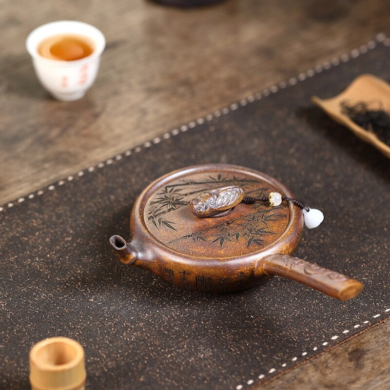 Original Ore Real Yixing Zisha Tea Pot Handmade Bamboo Carved Master Pot 180ml