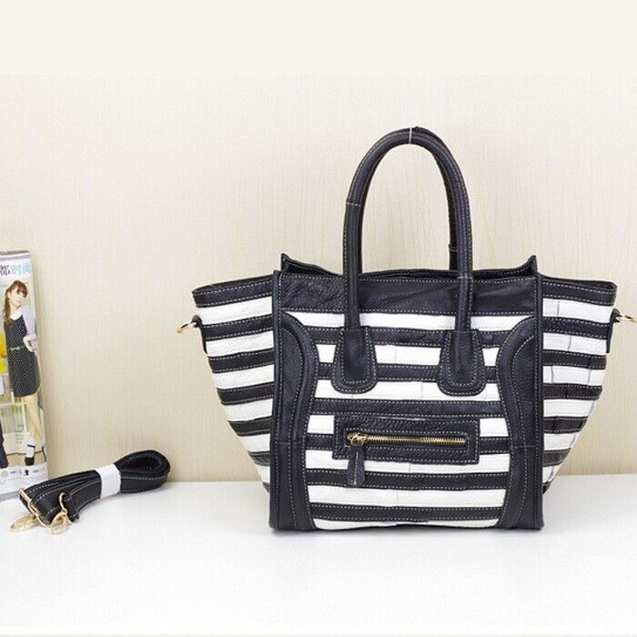 Women's Bag Luxury Genuine Leather Tote Handbags Black and White Shoulder Bag