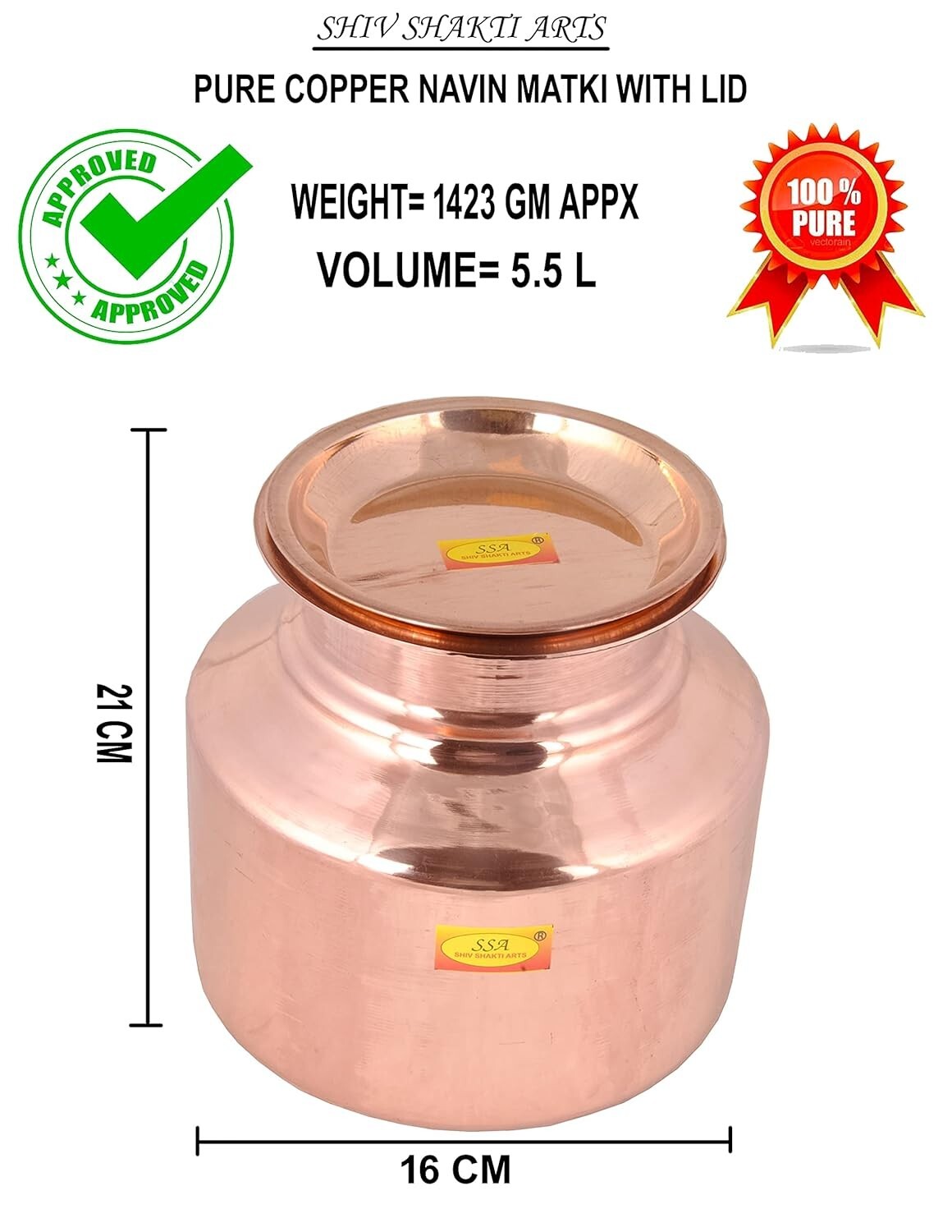 Pure Copper Water Pot Pitchers Matka Container With Lid and Glass 5.5 Litre