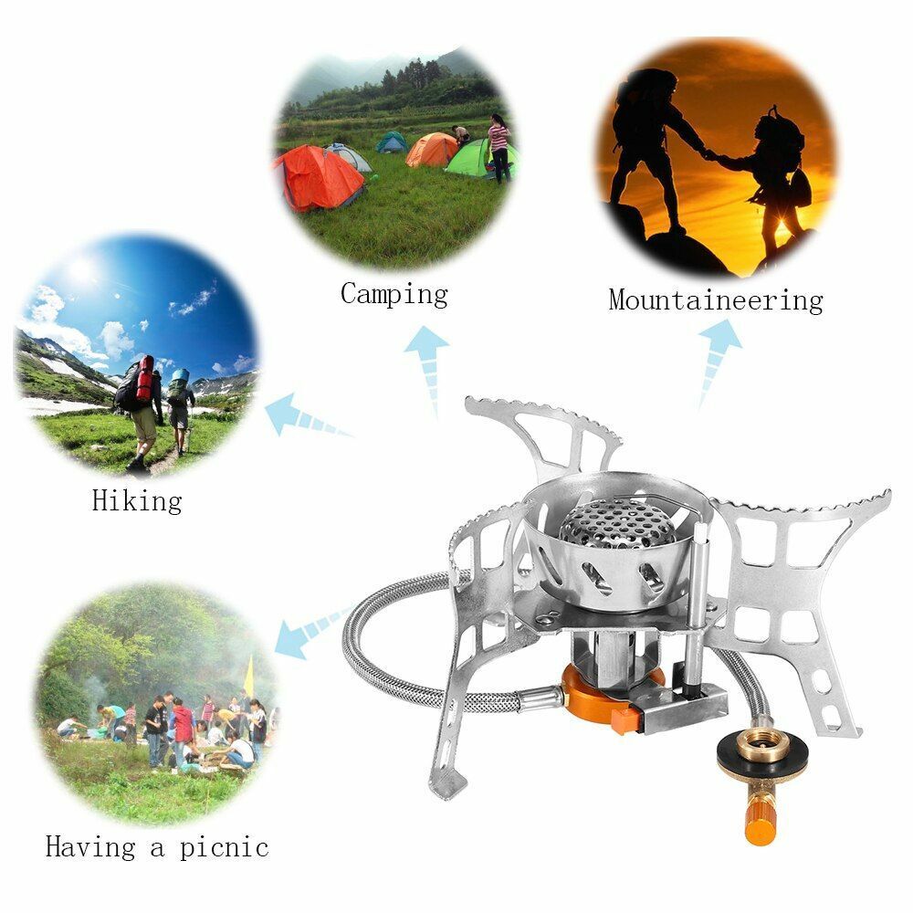 Gas Stove Portable Windproof Camping Outdoor Cooking Foldable Split Burner Steel