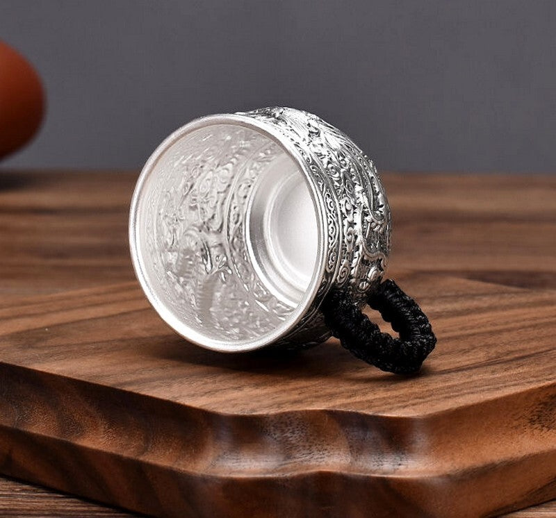S999 Silver Carved Tea Cup Dragon Phoenix Handle Health Care Drinking