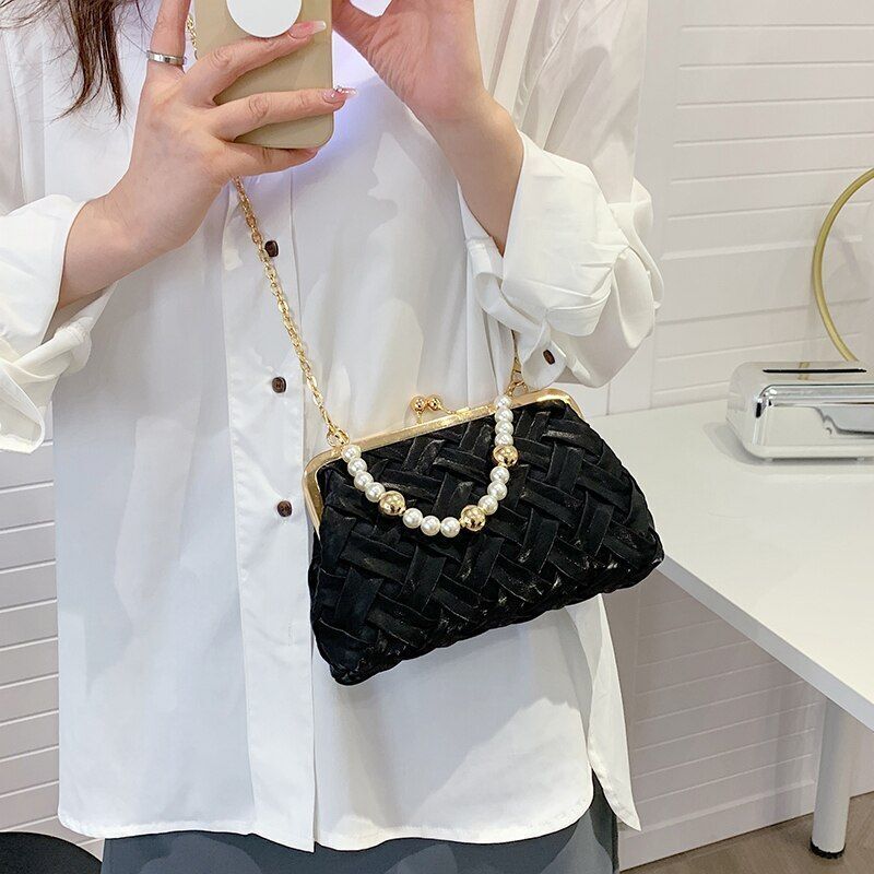 Shoulder Bag Pearl Chain Handbag Ribbon Weave Purses Clip Crossbody 21*5*13 CM