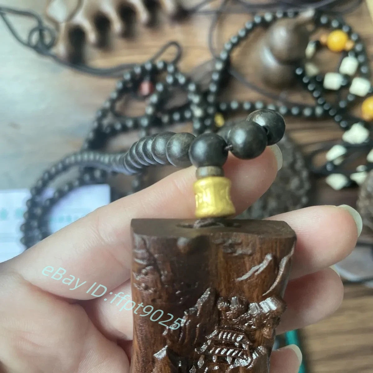 108pcs Prayer Beads Natural Wood Carving Landscape Painting Pendant Necklace