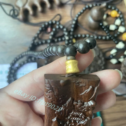 108pcs Prayer Beads Natural Wood Carving Landscape Painting Pendant Necklace