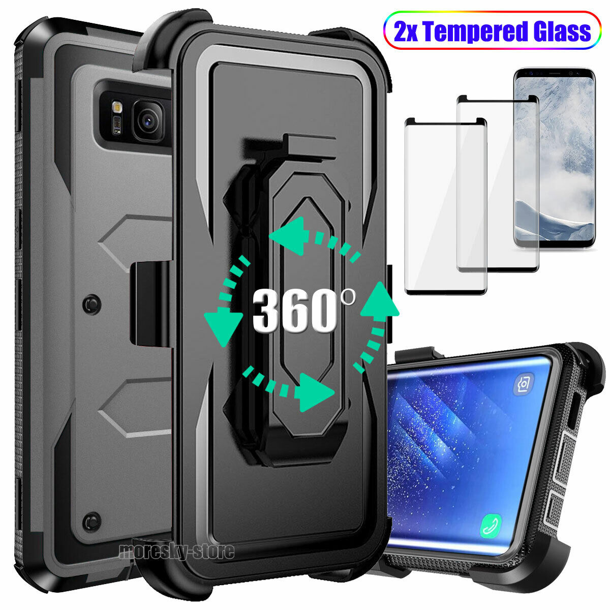 For Samsung Galaxy S8 Plus Hybrid Hard Case Cover+Clip /Tempered Glass Protector - Thumbnail 4