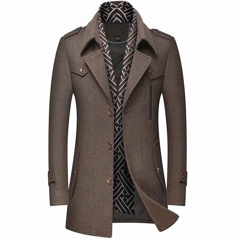 Men's Woolen Coats Turn Down Collar Warm Outerwear Casual Wool Coat Men
