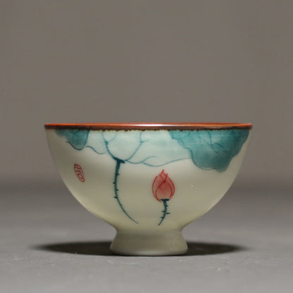 Ceramic Teacup Cup Hand Painted Lotus Tea Bowl Master Cup Handmade Tea Set