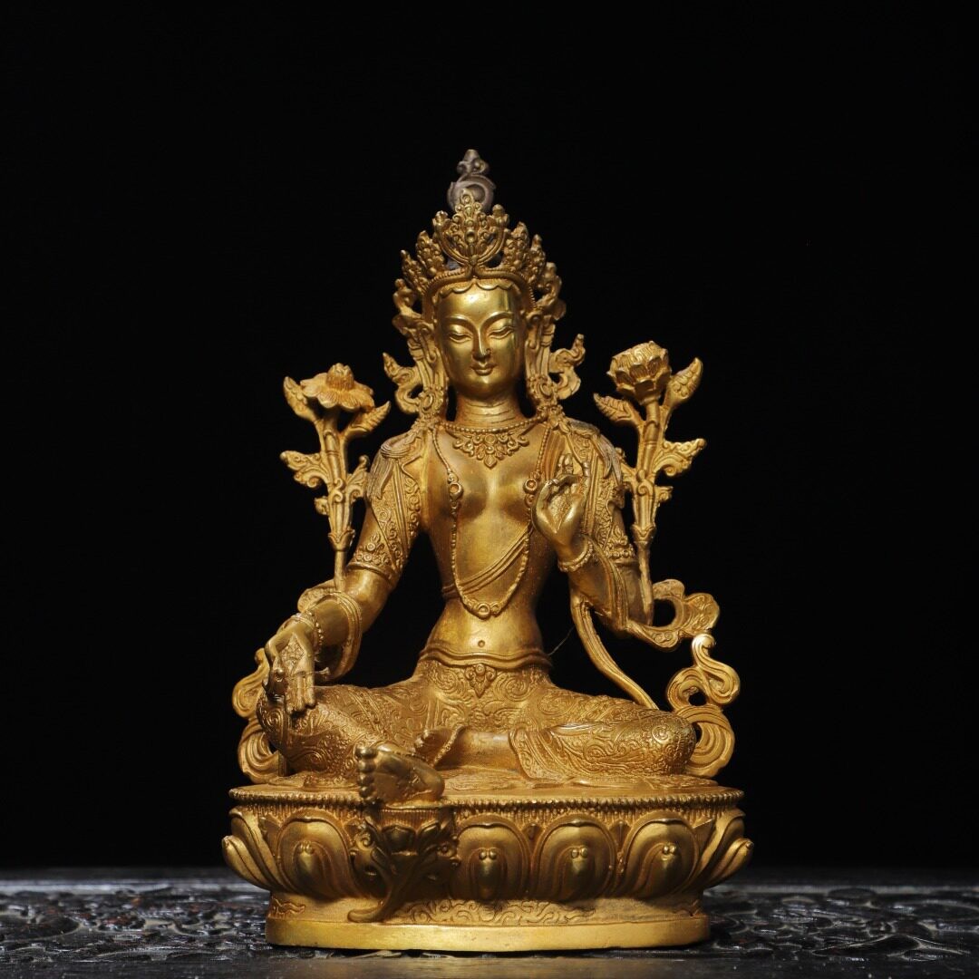 Old Dynasty China Buddhism Tibet Temple Bronze 24K Gilt Kwan-Yin Buddha Statue