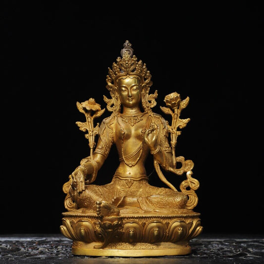 Old Dynasty China Buddhism Tibet Temple Bronze 24K Gilt Kwan-Yin Buddha Statue