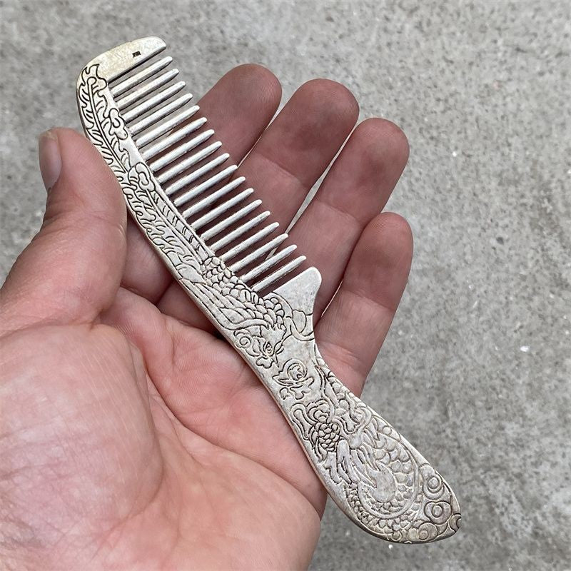 Handmade Tibetan Silver Comb Dragon Phoenix Carved Hair Comb Decorative Piece