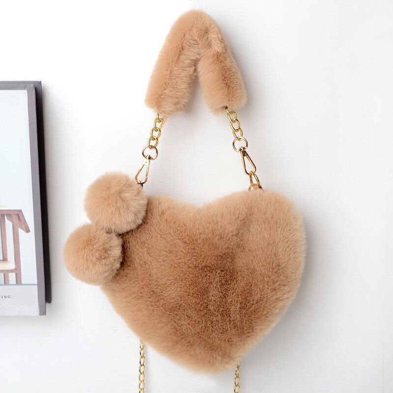 Faux Fur Winter Handbag Heart Shape Shoulder Bag Clutch Purse Chain Velvet Pouch