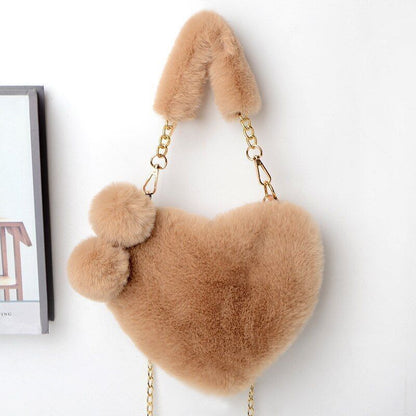 Faux Fur Winter Handbag Heart Shape Shoulder Bag Clutch Purse Chain Velvet Pouch