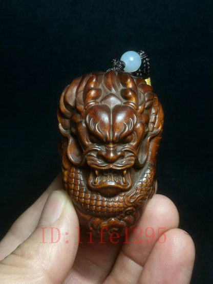 Rare Japana boxwood handmade Loong dragon figure statue netsuke Collection Art