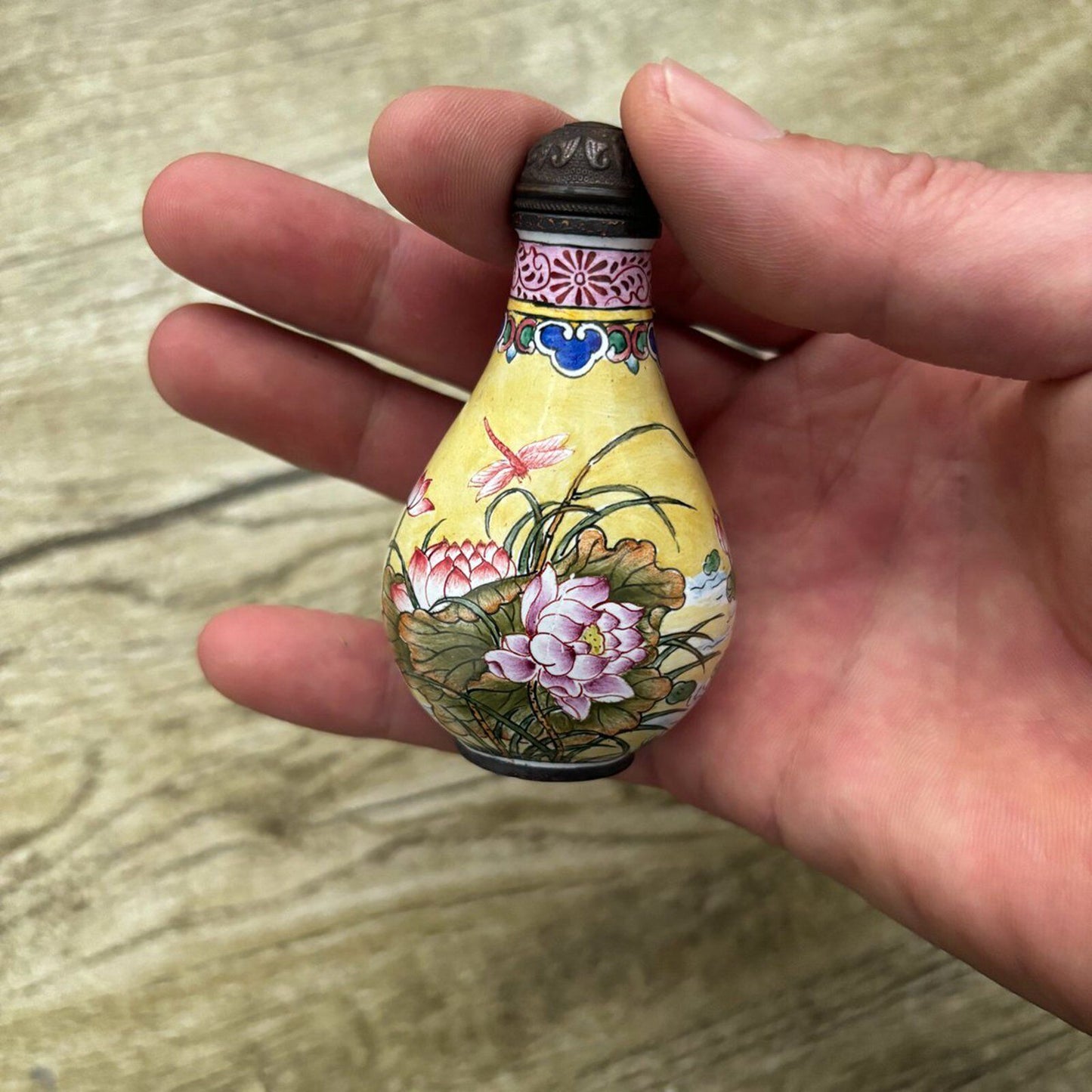 Old Peking Chinese Cloisonne Snuff Bottle Enamel Painted Flower Dragonfly Signed