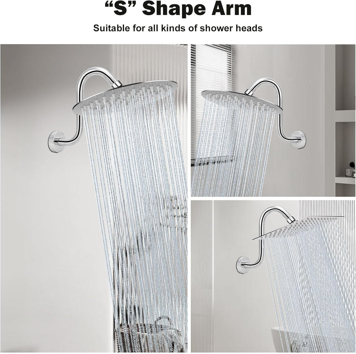 S Shaped Shower Head Riser Arm, Shower Extender Arm with Flange, Standard 1/2" C