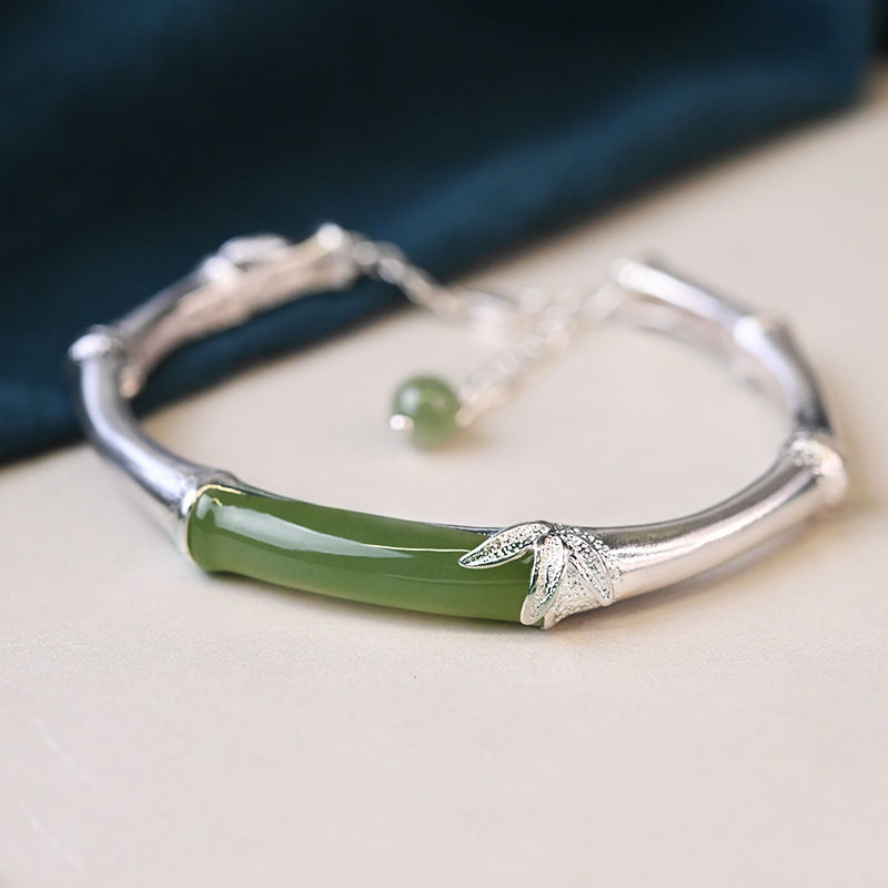 Original Handmade Silverb Silver Bamboo Hetian Jade Festival High Bracelet