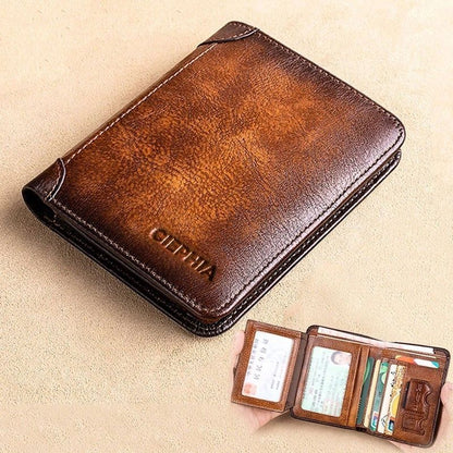 Genuine Leather Rfid Protection Wallets Vintage Thin Short Card Holder Money Bag
