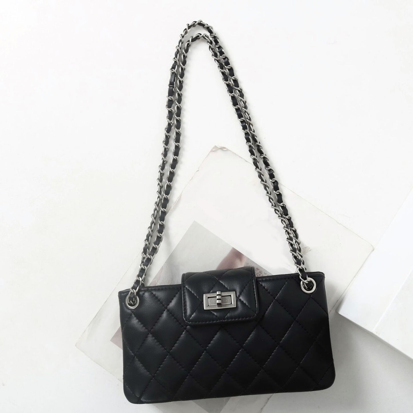 Small Mini Quilted Lambskin Leather Purse Clutch Wallet with Chains Shoulder Bag