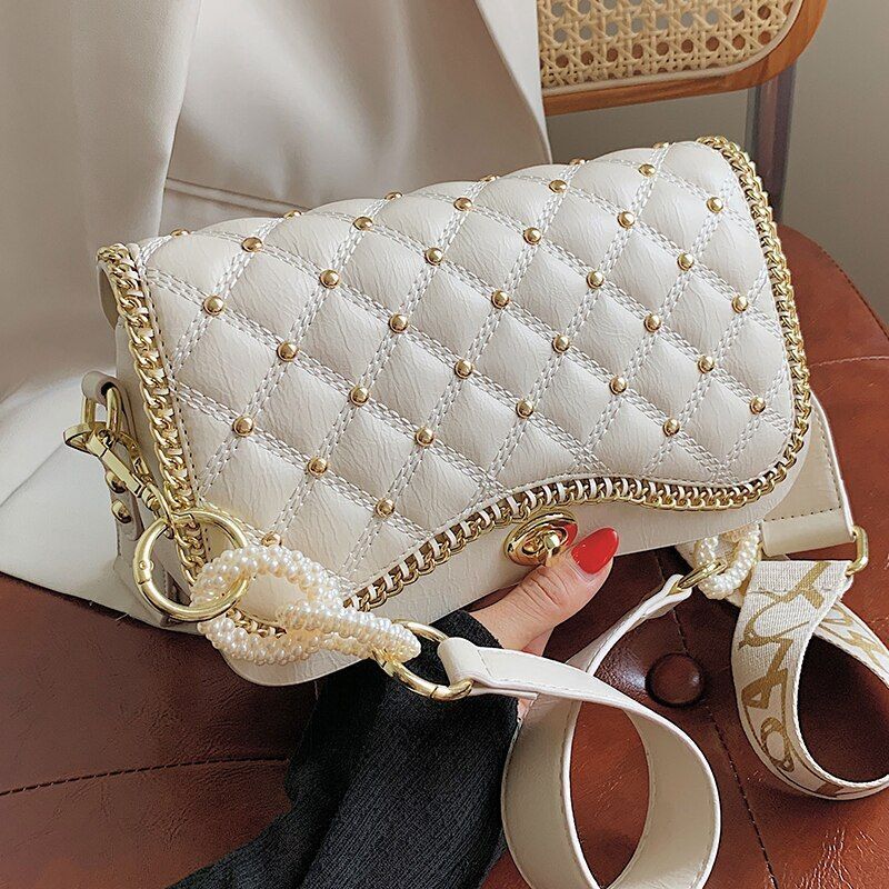 Lattice Rivet Square Underarm Bag Synthetic Leather Shoulder Bag 23*6*14CM Purse