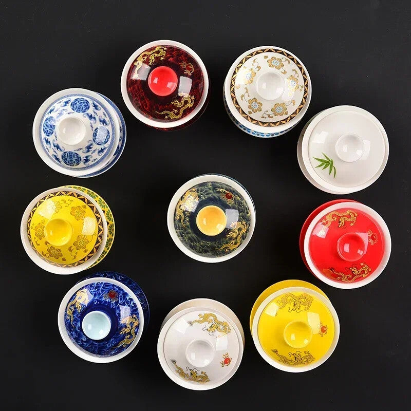 Longjing Sancai Tea Cup Retro Chinese Style Covered Bowl Large Dragon 200ml